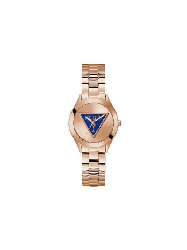 Elegantan GUESS ženski sat "Tri Plaque" GW0675L3 u roze zlatnoj boji s teget trouglom i logotipom. Vodootporan, kvarcni mehanizam.