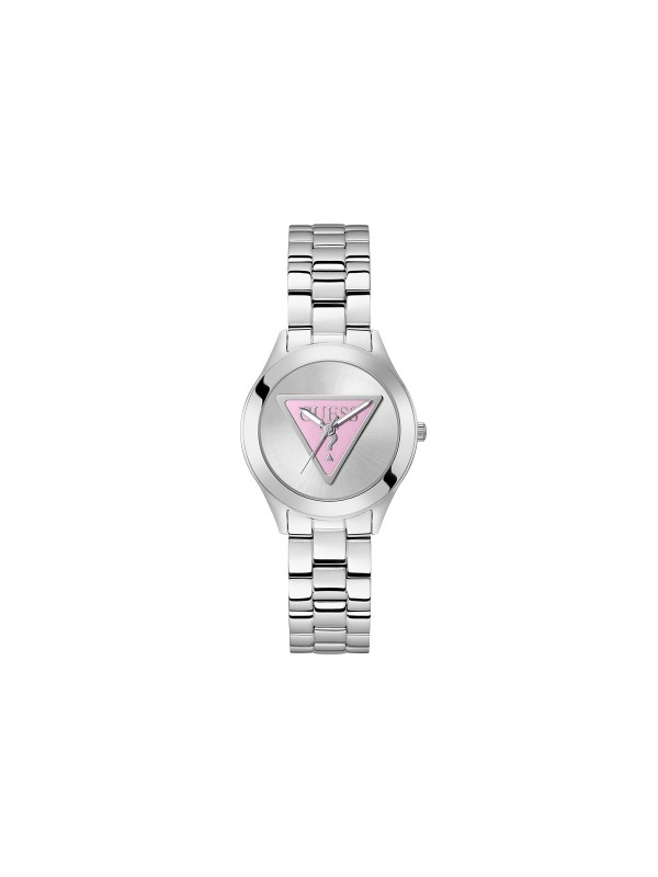 Elegantan GUESS ženski sat "Tri Plaque" GW0675L1 sa srebrnim brojčanikom, pink trouglom i logotipom. Vodootporan, kvarcni mehanizam.