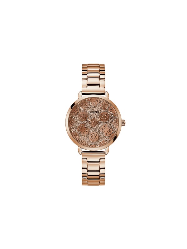 Otkrijte GUESS "Sugarplum" ženski sat u roze zlatu s G-božur printom i sjajnim cirkonima. Elegancija sa 38mm kućištem i vodootpornošću do 30m.