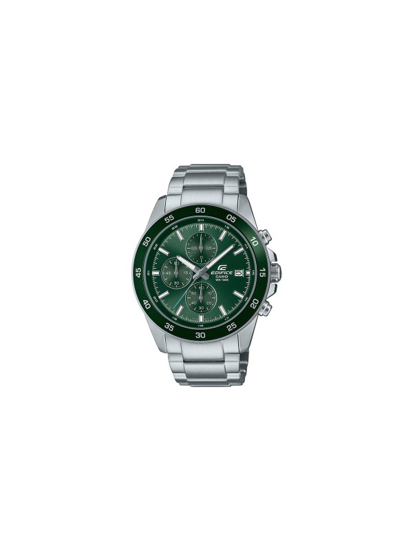 Otkrijte CASIO EDIFICE EFR-526D-3AVUEF: klasični hronograf sa zelenim brojčanikom, čeličnom narukvicom i vodootpornost do 100m.