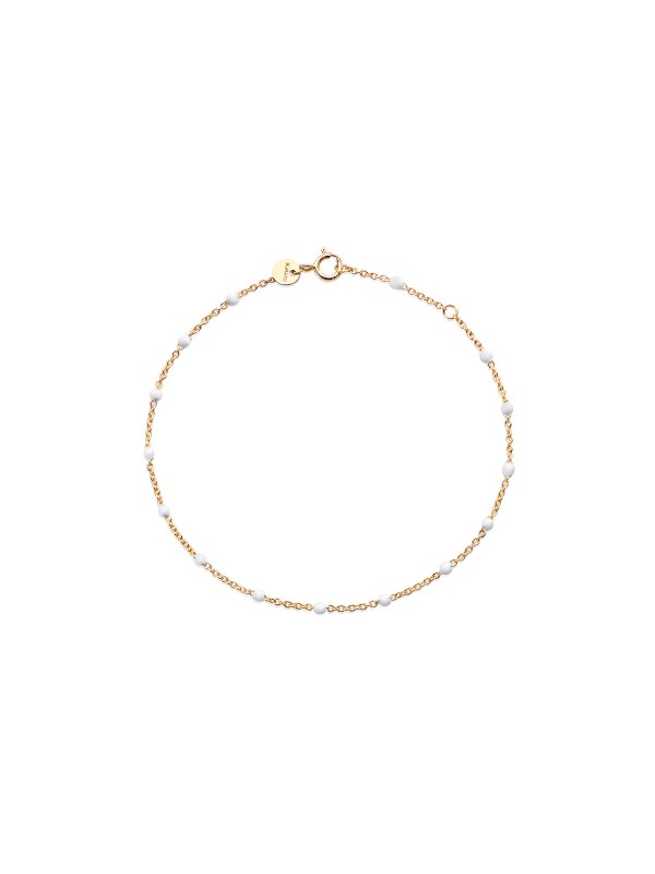 Elegantna Burato Dots narukvica od 18ct žutog zlata s belim kuglicama. Podesive veličine M i L za savršeno pristajanje.