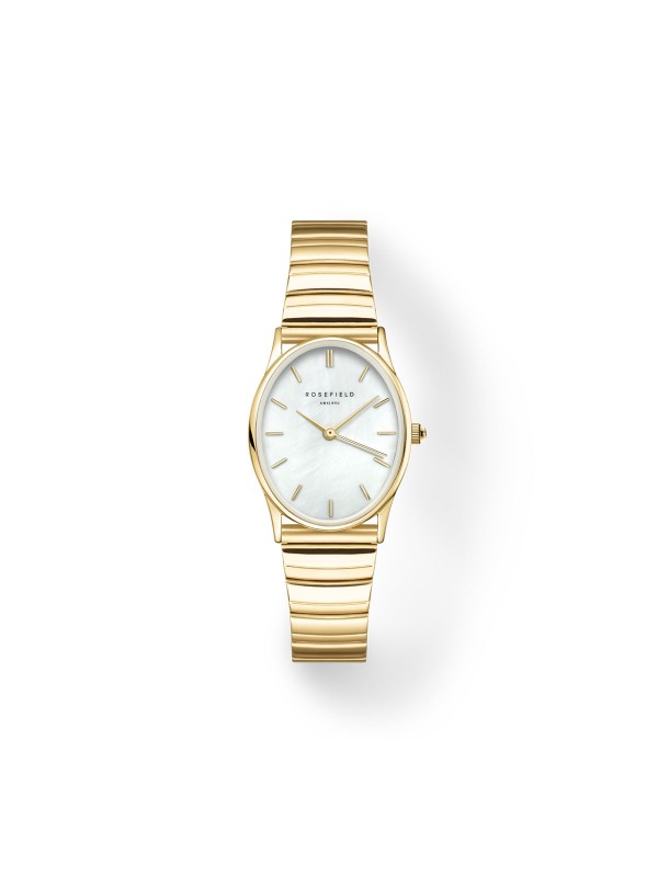 Elegantni Rosefield Oval Pearl Gold sat sa sedef brojčanikom i žutim zlatom, idealan za sofisticirane dame.