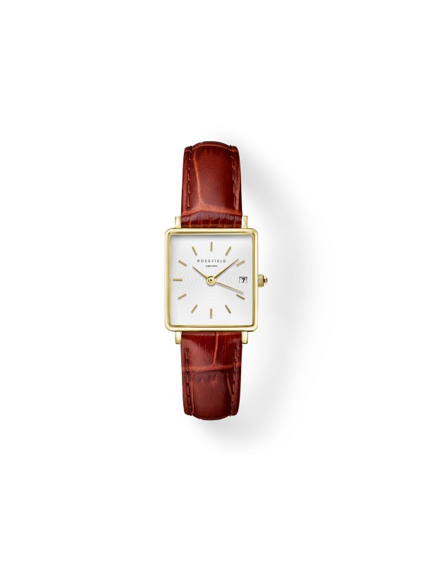 Kvadratni Rosefield ženski sat sa zlatnim kućištem i braon kožnom narukvicom, prečnika 22mm, nudi retro stil i funkciju datuma.