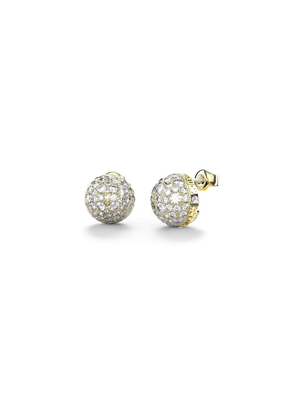 Guess minđuše u boji žutog zlata sa cirkonima, oblik polulopte, prečnik 12mm. Elegancija i stil u svakom detalju.