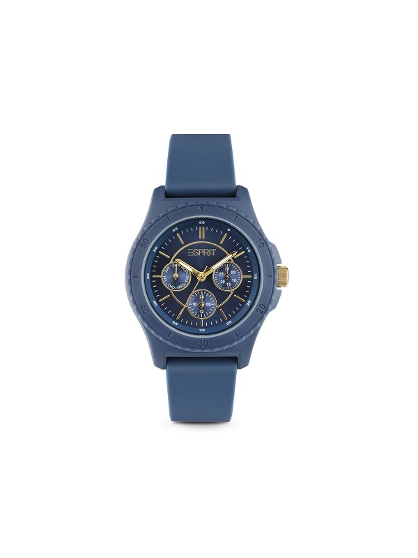 Elegantni Esprit ženski sat od reciklirane plastike u teget boji, prečnika 38mm, sa kvarcnim mehanizmom i vodootpornošću do 30m.