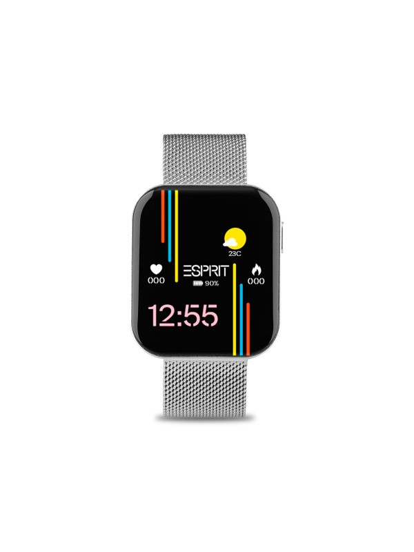 Moderan Esprit pametni sat sa srebrnom mesh narukvicom, AMOLED ekranom i naprednim funkcijama za praćenje aktivnosti i zdravlja.