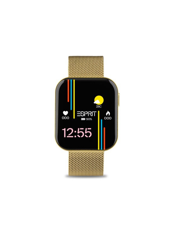 Moderan Esprit pametni sat sa zlatnom mesh narukvicom, AMOLED ekranom i naprednim funkcijama za praćenje aktivnosti i zdravlja.