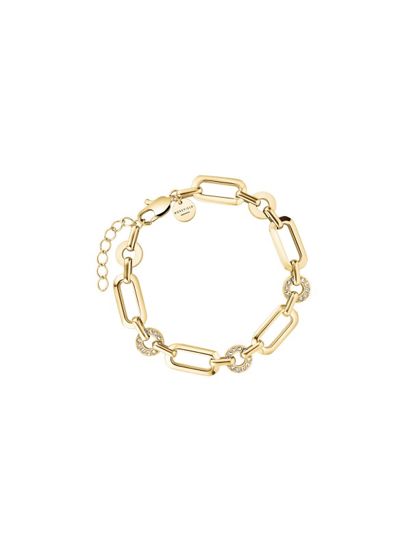 Rosefield STUDS GOLD ženska narukvica od nerđajućeg čelika u boji žutog zlata, savršena za svakodnevni stil. Podesiva dužina: 16,5cm - 19,5cm.