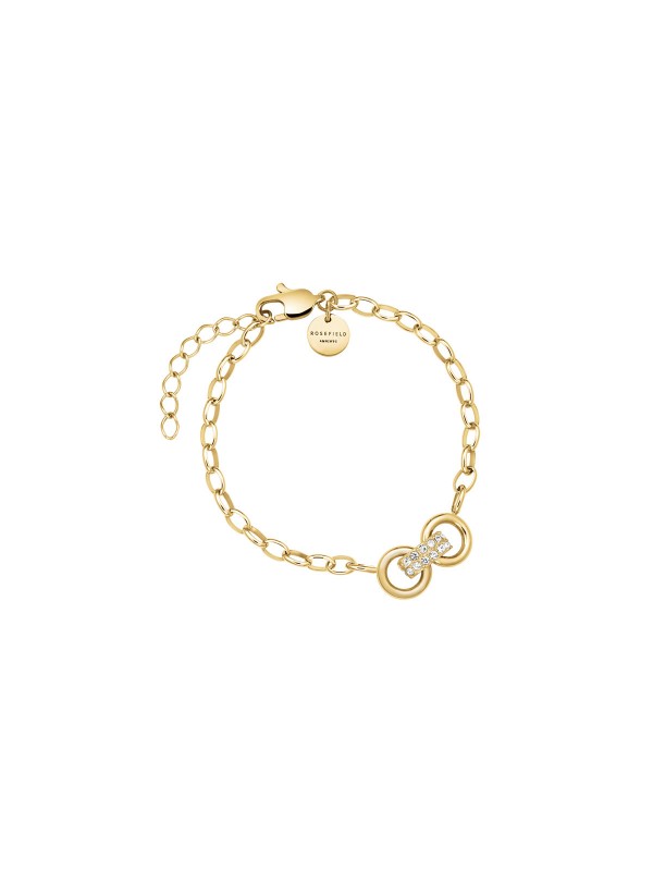 Elegantna Rosefield BOW STUDS GOLD narukvica od nerđajućeg čelika sa cirkonima, savršena za svaki stil. Podesiva dužina: 16,5cm - 19,5cm.