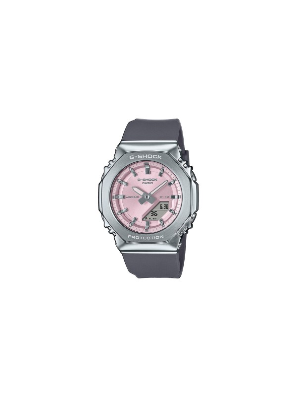 Kompaktan G-SHOCK sa metalnim kućištem i svetlo roze brojčanikom, otporan na udarce, vodootporan do 200m, sa LED osvetljenjem.