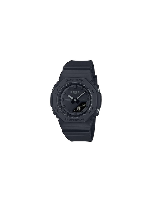 Moderan ženski G-SHOCK u mat crnoj boji, ekološki prihvatljiv, otporan na udarce i vodu, sa LED osvetljenjem i svetskim vremenom.