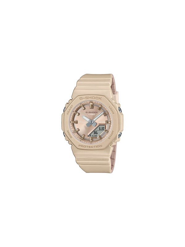Ženski G-SHOCK sat u biserno metalik bež boji, sofisticiranog dizajna, otporan na udarce i vodu, sa LED osvetljenjem i svetskim vremenom.