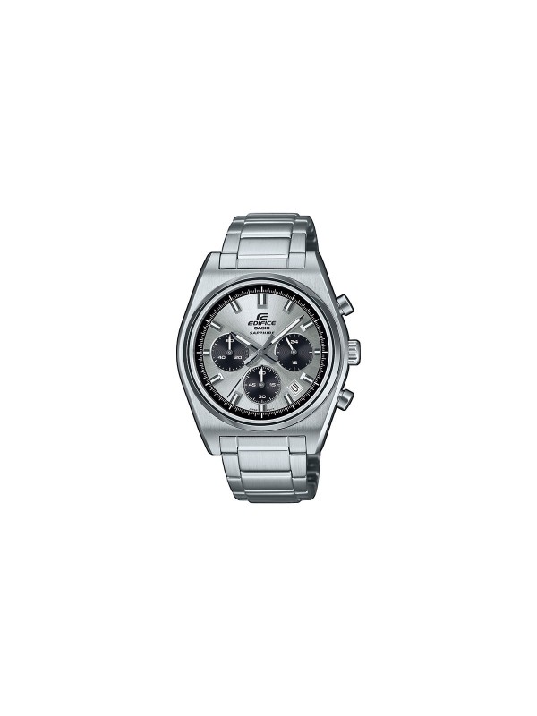 Sportski i elegantni Casio Edifice hronograf sa srebrnim brojčanikom, inspirisan klasičnim automobilima, vodootporan do 10 bara.