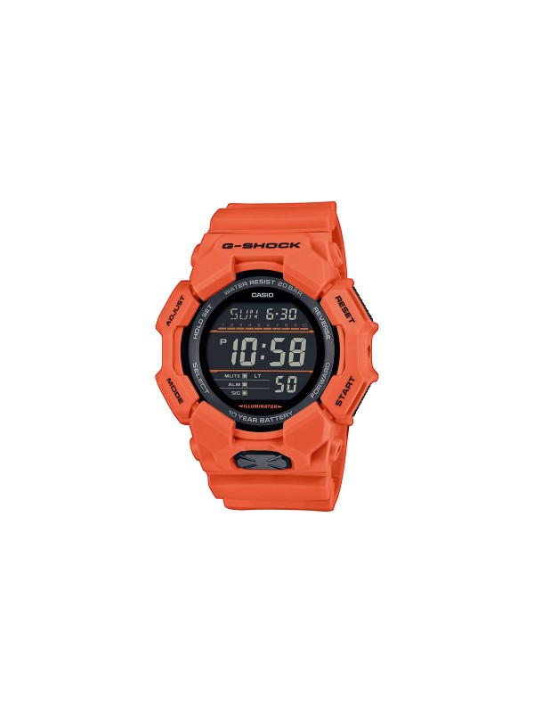 G-SHOCK GD-010: Digitalni sat u narandžastoj boji sa 10-godišnjom baterijom, svetskim vremenom i LED svetlom. Ekološki prihvatljiv dizajn.