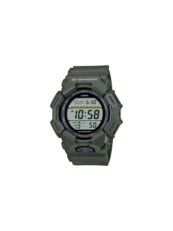 G-SHOCK digitalni sat u maslinastoj boji sa 10-godišnjom baterijom, svetskim vremenom, štopericom i LED svetlom za maksimalnu funkcionalnost.