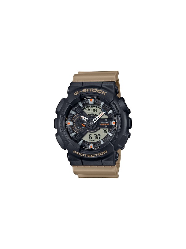 Dvobojni G-SHOCK sat s crnim brojčanikom i bež narukvicom za funkcionalan i moderan izgled.