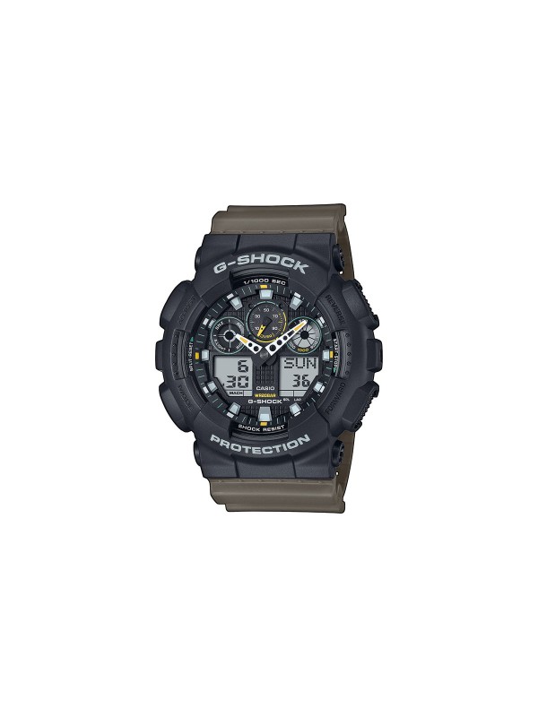 Dvobojni G-SHOCK sat s crnim brojčanikom i maslinasto zelenom narukvicom za funkcionalan i moderan izgled.