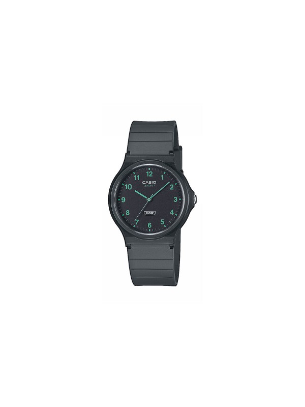Ekološki odgovoran Casio MQ-24B-8BEF sat s minimalističkim dizajnom i zelenim brojevima. Lagano gumeno kućište i narukvica.