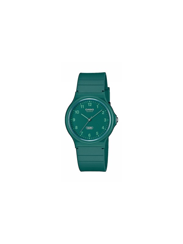 Ekološki odgovoran CASIO MQ-24B-3BEF sat sa zelenim kućištem i narukvicom. Minimalistički dizajn, vodootporan, idealan za svakodnevnu upotrebu.