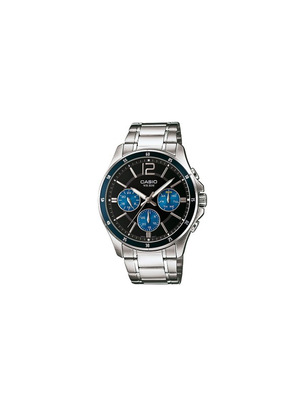 Elegantni muški Casio sat od nerđajućeg čelika sa crnim brojčanikom i teget podbrojčanicima, vodootporan do 50m, sa funkcijom prikaza datuma.