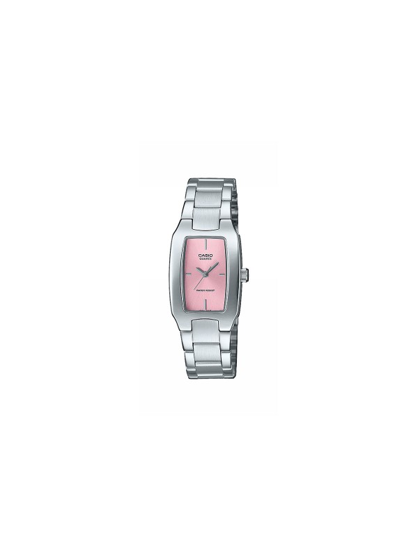 Elegantni ženski Casio sat pravougaonog oblika sa roze brojčanikom, srebrnim kućištem i narukvicom, dan i datum prikaz, vodootporan.