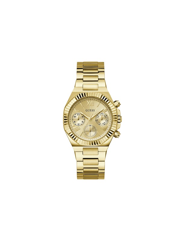 Guess ženski sat u boji žutog zlata s multi-function mehanizmom i reckastim okvirom. Elegancija i funkcionalnost u jednom.