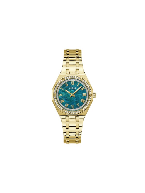 Elegantni Guess ženski sat sa cirkonima, zeleni sedef brojčanik i čelična narukvica u boji žutog zlata. Savršen za sofisticirane dame.