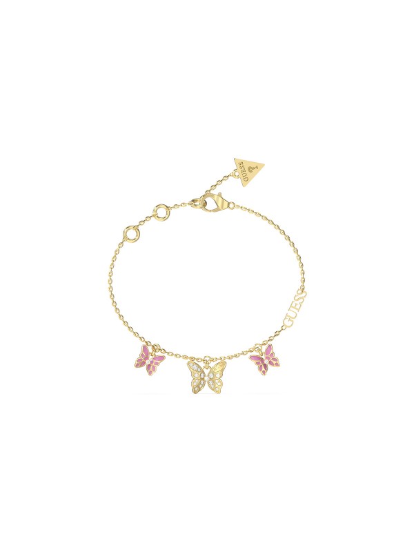 GUESS ženska narukvica u boji žutog zlata sa tri priveska leptira, podesiva dužina. Poručite na sajtu,