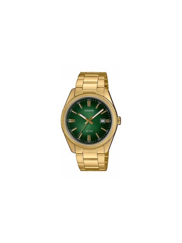 Elegantni Casio muški sat u boji žutog zlata sa zelenim brojčanikom, vodootporan do 50m, idealan za sve prilike.