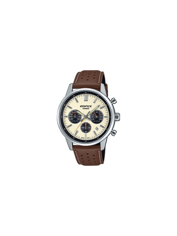 Casio Edifice analogni hronograf sa sportskim dizajnom, bež brojčanikom i braon kožnom narukvicom, idealan za stil i funkcionalnost.