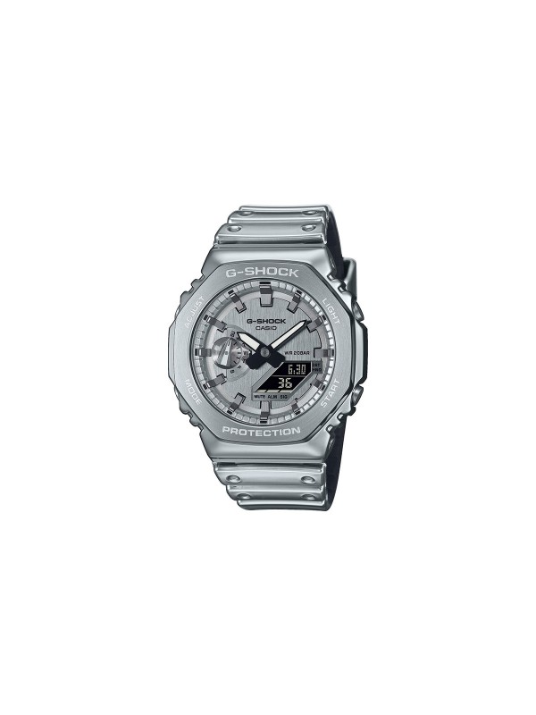 G-SHOCK sat sa čeličnim okvirom i silikonskom narukvicom u sjajnoj metalik srebrnoj boji za moderan i izdržljiv stil.