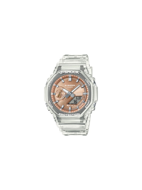 G-SHOCK muški sat oktagonalnog oblika, transparentne bele boje sa bronzanim brojčanikom, iz popularne serije GA-2100.