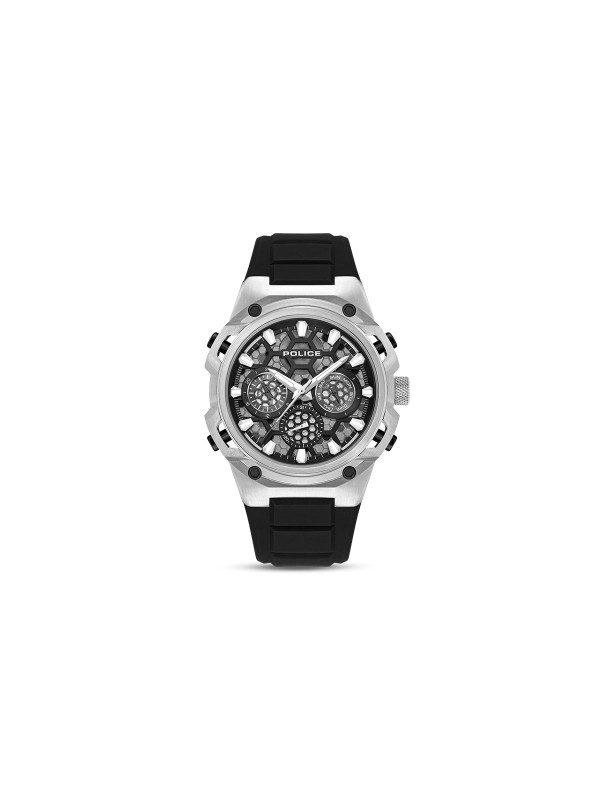 POLICE CHALLENGER multifunkcionalni muški sportski sat u boji srebra sa crnim silikonskim kaišem. Kućište 46 mm, crni brojčanik sa sivim detaljima, prikazi dana i datuma. Vodootpornost 50 m.