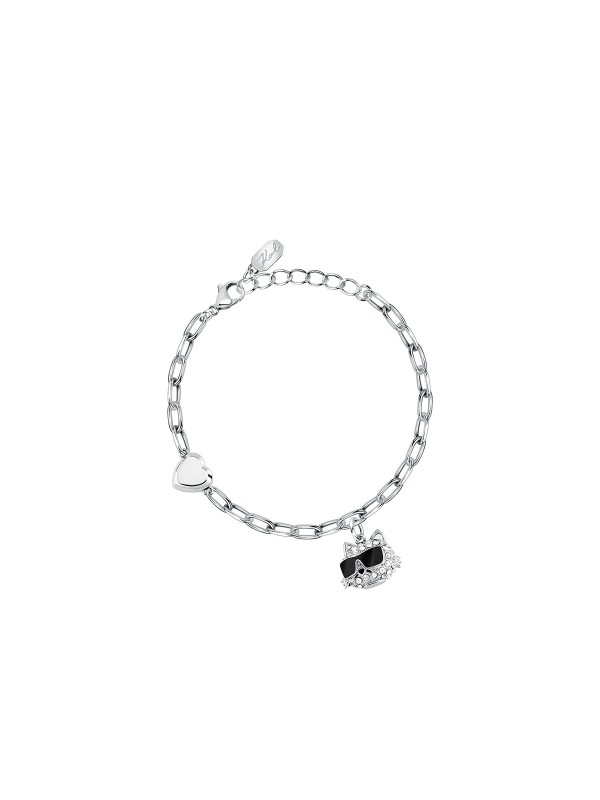Karl Lagerfeld CHARMS narukvica KLAYD16 – moderna ženska narukvica od čelika u boji srebra sa priveskom mačke Choupette ukrašene cirkonima i srcem. Dužina 16+3 cm.
