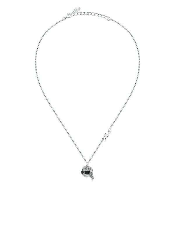 Karl Lagerfeld CHARMS ogrlica KLAYD06 – ženska ogrlica od nerđajućeg čelika u boji srebra sa priveskom u obliku Karlove glave, optočena pavé cirkonima. Dužina 40+5 cm.