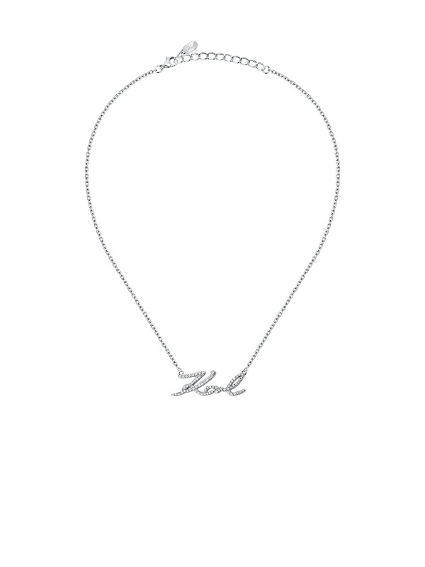 Karl Lagerfeld CHARMS ogrlica KLAYD04 – elegantna ženska ogrlica od čelika u boji srebra sa centralnim KARL logotipom ukrašenim pavé cirkonima. Dužina 40+5 cm.