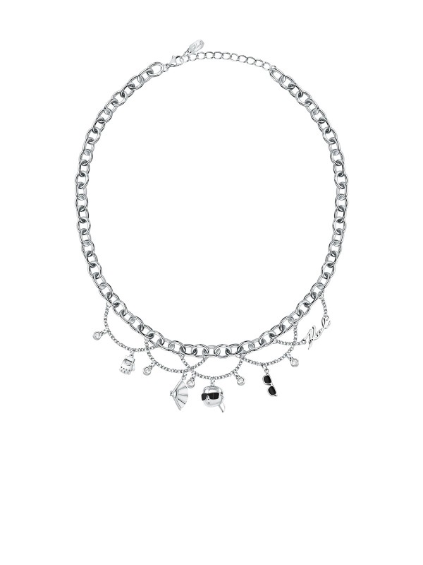 Karl Lagerfeld CHARMS ogrlica KLAYD02 – atraktivna ženska ogrlica od čelika u boji srebra sa visećim privescima: rukavica, lepeza, naočare i Karl. Dužina 40+5 cm.