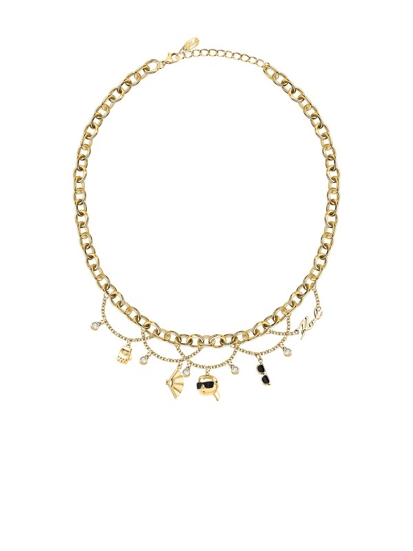 Karl Lagerfeld CHARMS ogrlica KLAYD01 – efektna ogrlica od čelika u boji žutog zlata sa privescima u obliku rukavice, lepeze, naočara i Karl figure. Dužina 40+5 cm.
