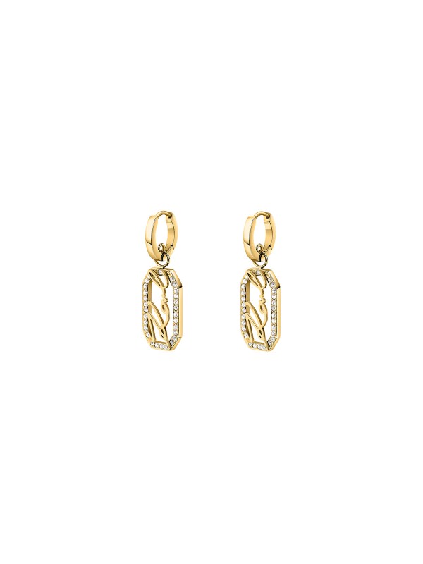 Karl Lagerfeld CRYSTALS minđuše KLAYC45 – viseće ženske minđuše od čelika u boji žutog zlata sa pavé cirkonima i KARL logom. Dužina 3,3 cm.