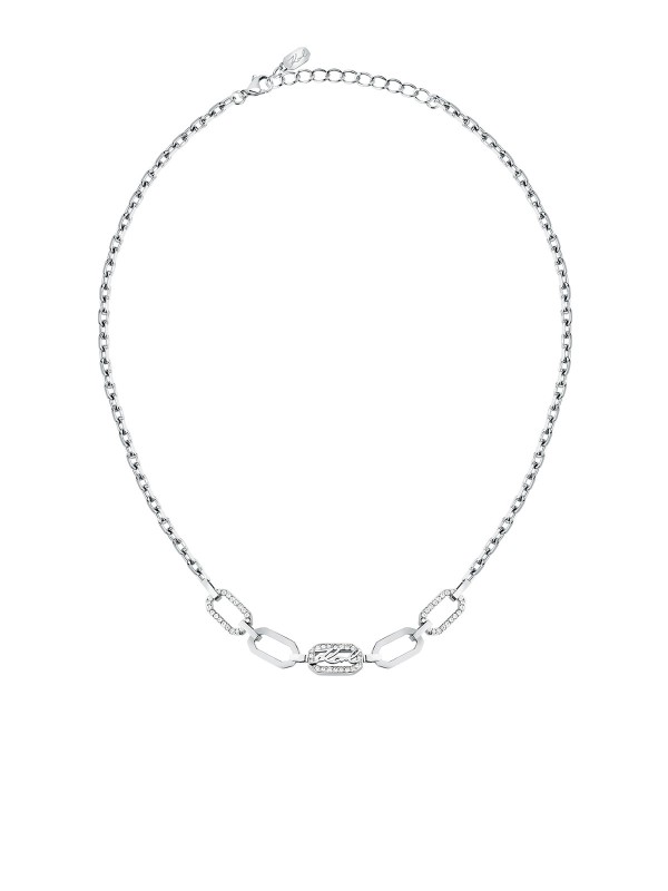 Karl Lagerfeld CRYSTALS ogrlica KLAYC14 – pravougaone karike sa i bez pavé cirkona, u boji srebra, sa upečatljivim KARL logom. Dužina 40+5 cm.