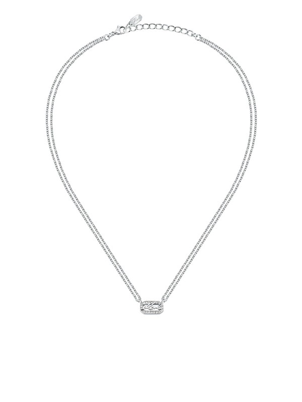 Karl Lagerfeld CRYSTALS ogrlica KLAYC13 – dupli lančić u boji srebra sa centralnim priveskom sa pavé cirkonima i KARL logom. Dužina 40+5 cm.
