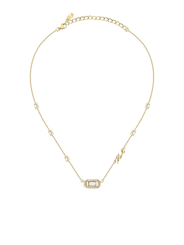 Karl Lagerfeld CRYSTALS ogrlica KLAYC09 – ženska ogrlica od nerđajućeg čelika u boji žutog zlata sa baguette providnim cirkonima i KARL logom. Dužina 38+7 cm.
