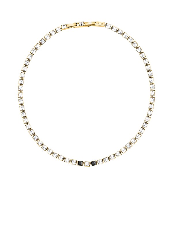 Karl Lagerfeld CRYSTALS ogrlica KLAYC04 – elegantna ženska tenis ogrlica od čelika u boji žutog zlata sa providnim i crnim kristalima. Dužina 40+2 cm.