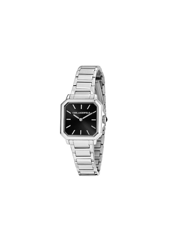 Karl Lagerfeld SQUARE CLASSICS sat R0553102507 – elegantan ženski sat sa kvadratnim kućištem (24 × 33 mm) od nerđajućeg čelika u boji srebra i crnim sunray brojčanikom. Vodootpornost do 30 m.