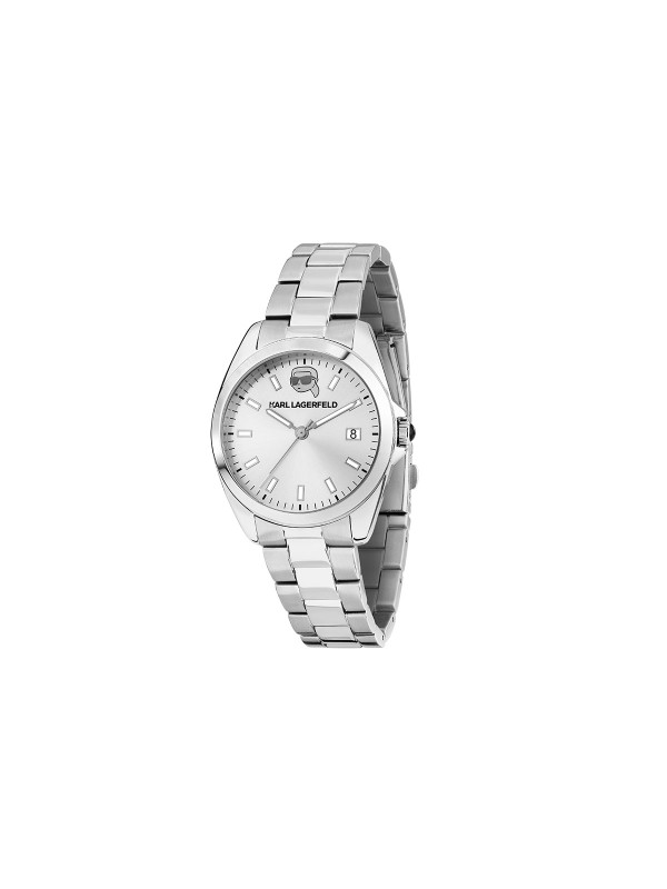 Karl Lagerfeld ROUND ESSENTIALS sat R0553101517 – elegantan ženski sat od nerđajućeg čelika u boji srebra sa srebrnim sunray brojčanikom i Karl portretom na poziciji 12 h. Vodootpornost do 50 m.