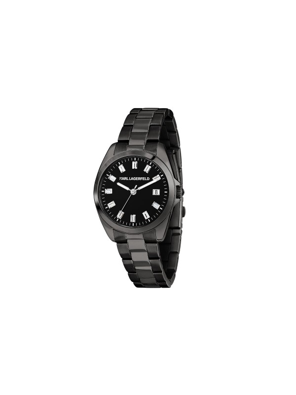 Karl Lagerfeld ROUND ESSENTIALS sat R0553101513 – elegantan ženski sat od nerđajućeg čelika u crnoj boji sa crnim sunray brojčanikom i baguette cirkonima kao markeri sati. Multifunkcijski prikaz datuma, vodootpornost do 50 m.