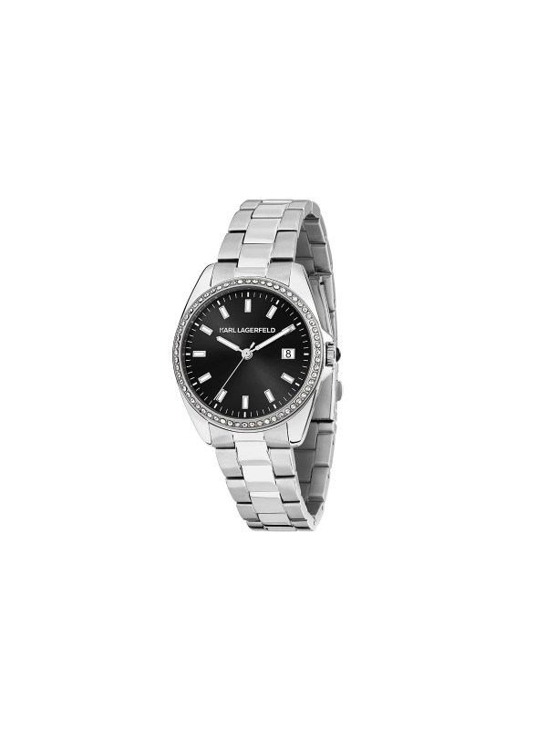 Karl Lagerfeld ROUND ESSENTIALS sat R0553101511 – elegantan ženski sat od nerđajućeg čelika u boji srebra sa crnim sunray brojčanikom i kristalima na koroni. Multifunkcijski prikaz datuma, vodootpornost do 50 m.