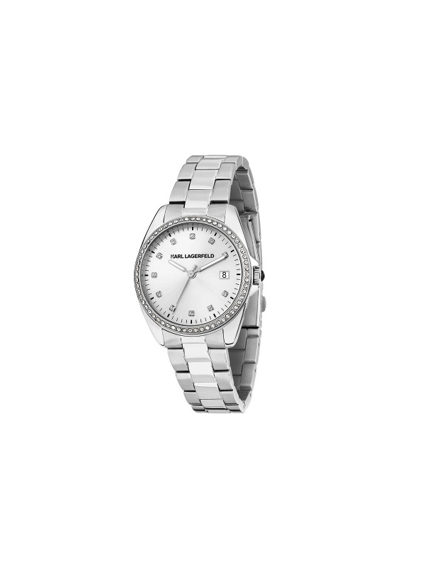 Karl Lagerfeld ROUND ESSENTIALS sat R0553101510 – elegantan ženski sat od nerđajućeg čelika u boji srebra sa cirkonima na koroni i brojčaniku (markeri sati), multifunkcijski prikaz datuma. Vodootpornost do 50 m.
