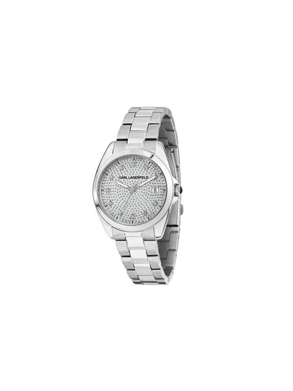 Karl Lagerfeld ROUND ESSENTIALS sat R0553101509 – elegantna ženska verzija od nerđajućeg čelika u boji srebra sa srebrnim brojčanikom optočenim providnim cirkonima i cirkon markerima za sate. Multifunkcijski prikaz datuma, vodootpornost do 50 m.
