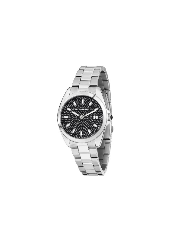Karl Lagerfeld ROUND ESSENTIALS sat R0553101508 – elegantna ženska verzija od nerđajućeg čelika u boji srebra sa crnim brojčanikom optočenim crnim cirkonima, multifunkcijski prikaz datuma, vodootpornost do 50 m.